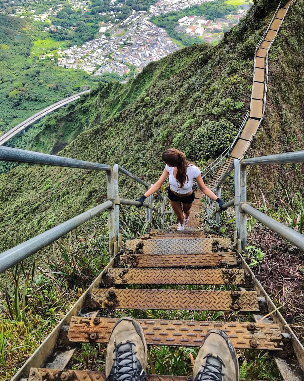 Processed with VSCO with f2 preset steep metal stairs of haiku hike Oahu