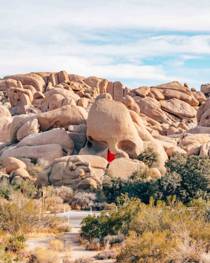 joshua-tree-skull-rock-red-dress one day in joshua tree national park