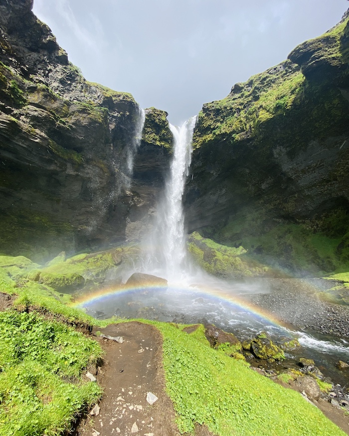 kvernufoss-Best-things-to-do-in-iceland kvernufoss waterfall with rainbow best things to do in Iceland