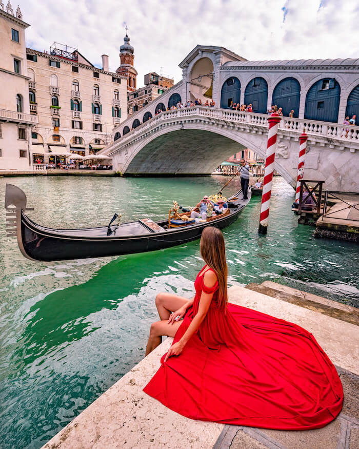 Travel-ideas-2021-venice venice Rialto bridge girl in red dress