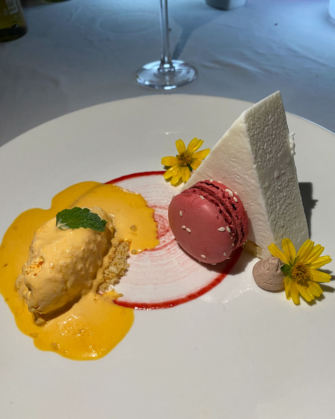 Dessert with Macaron and Sorbet at the Mercure Maldives Kooddoo