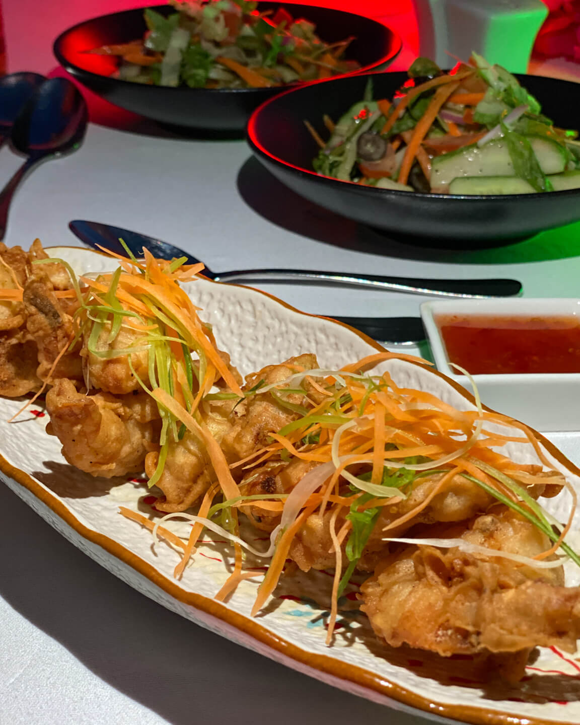 Fried Shrimps and Salad at the Mercure Maldives Kooddoo