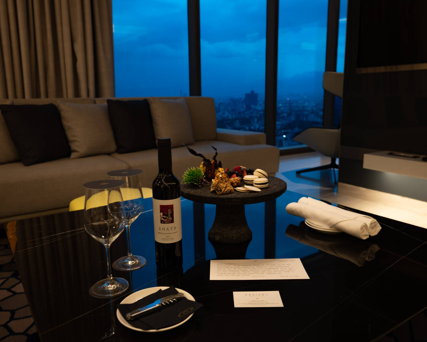 welcome gift with wine and sweets